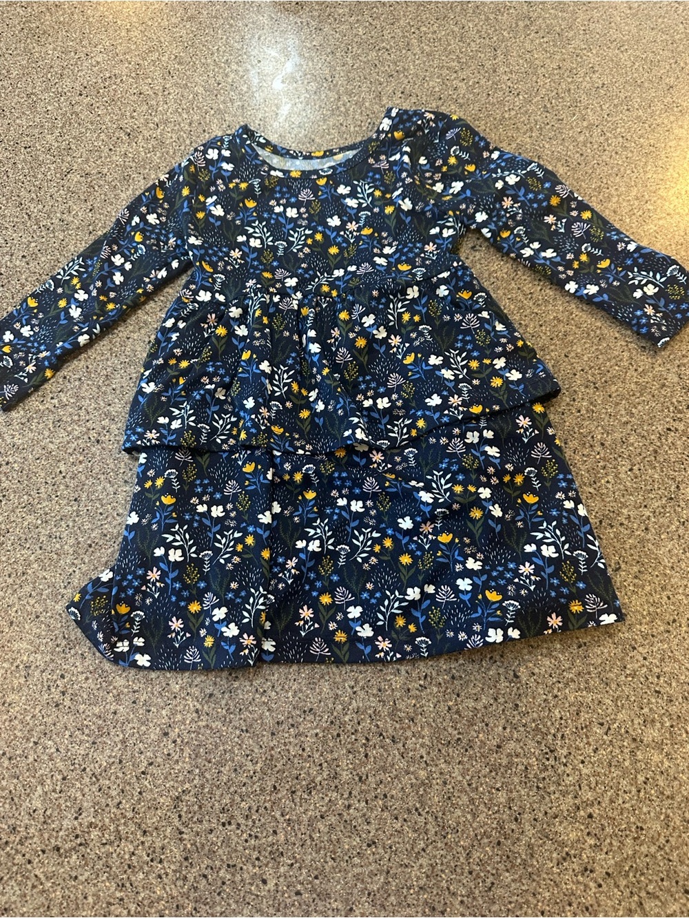 Girls' Navy Floral Tiered Long-Sleeve Dress